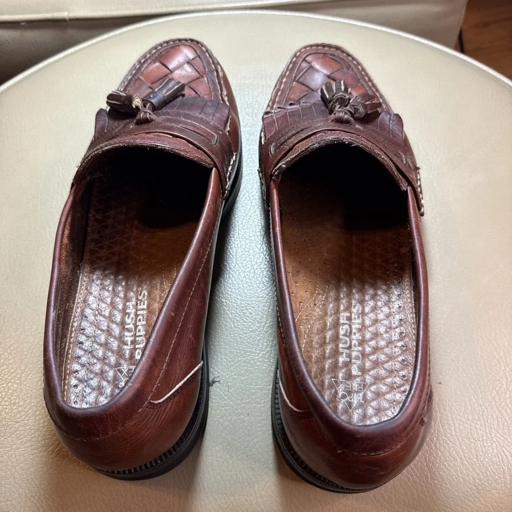 Vintage 90s Brown Hush‎ Puppies Lancer Woven Leather Tassel Loafers 11
